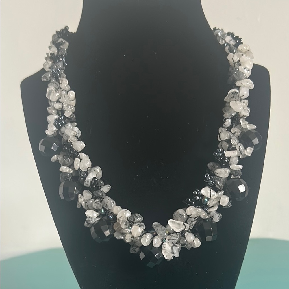 Handcrafted Chunky Tourmaline Quartz Hematite Stone Bead Necklace